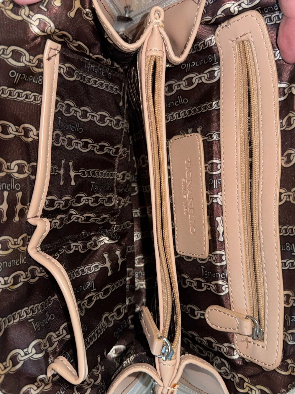 Tignanello Two-Tone Pebbled Leather Satchel in Light Taupe and Nude